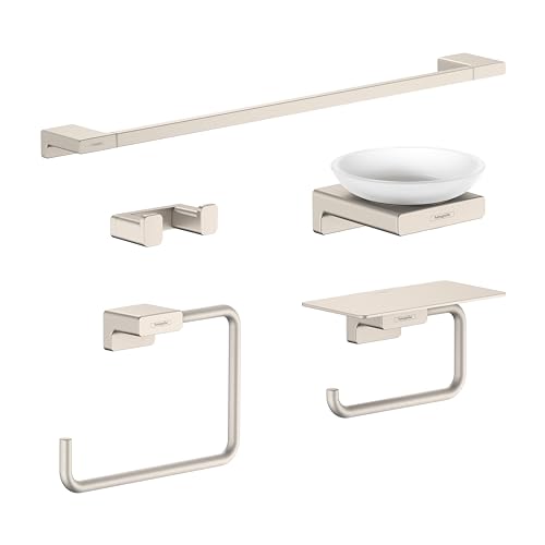 hansgrohe AddStoris Accessory Kit with Double Hook, Towel Bar, Toilet Paper Holder w/Shelf, Towel Ring, and Soap Dish in Brushed Nickel