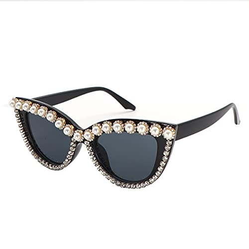 Oversized Cat Eye Sunglasses for Women Handmade Rhinestone Pearl Plastic Frame2