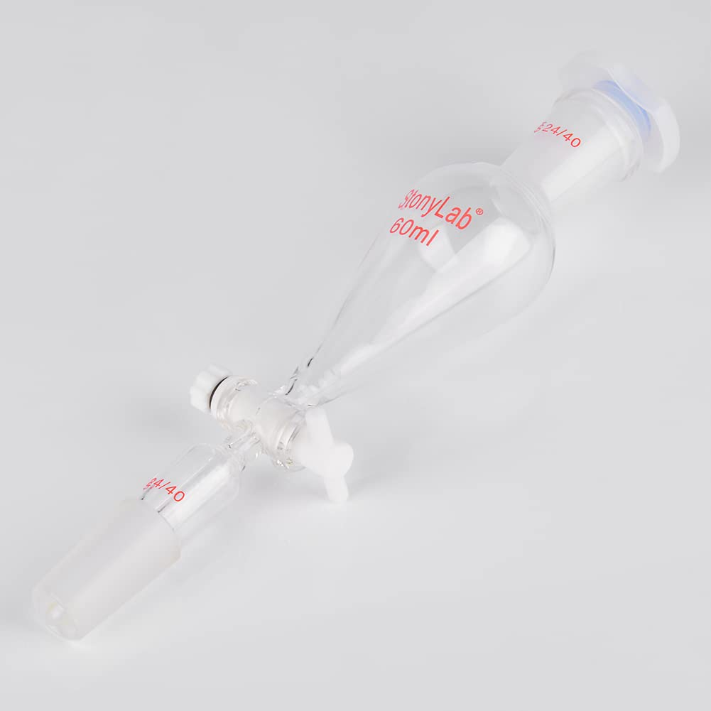 stonylab Imbuto Separatore con Rubinetto di Arresto PTFE, Imbuto Separatore Conico a Forma di Pera da 60 ml in Vetro Borosilicato a Parete Pesante con 24/40 Giunti
