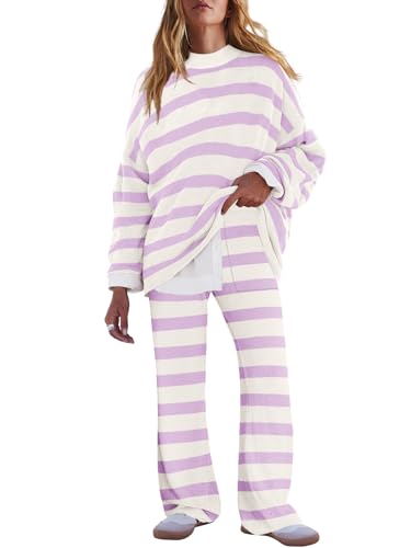 Image of LAMISSCHE Oversized Womens Lounge Set Striped Sweater Set Long Sleeve 2 Piece Pajama Set Top and Pants with Pockets