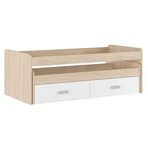 Shiito | Modelo Chelsea - Cama Compacta + Cama Nido + 2 Cajones para almacenar | Natural y Blanco Veteado - 198.4 cm (Largo) x 98 cm (Ancho) x 72 cm (Alto) | Primera Calidad y Alta Resistencia