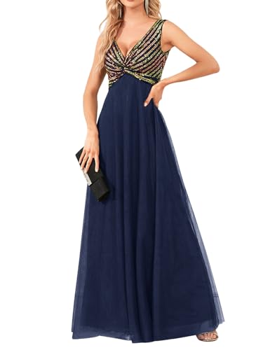 Women's Sequin Sparkly Dresses Evening Gowns Tulle Long Empire Waist Twist Formal Wedding Guest Party Maxi Dress