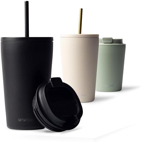 MAMEIDO Thermobecher mit Strohhalm 470 ml (Rich Black) | 4h heiß/12h kalt, auslaufsicher & BPA-frei mit Strohhalm- & Klappdeckel, Kaffeebecher to go aus Edelstahl – für Autohalter