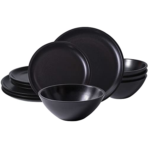 Gbhome Stoneware Dinnerware Sets,Handcrafted Ceramic Plates And Bowls Sets,Highly Chip& Scratch Resistant | Dishwasher & Microwave& Oven Safe Dishes Set- Service For 4 (12Pc) -Matte Black #TOP9
