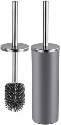 Bingobang Toilet Brush and Holder,Stainless Steel Lid Handle,Silicone Deep Cleaner Toilet Brushes with Quick Drying Holder Set for Bathroom Toilet(Grey)