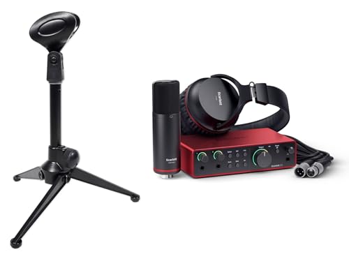 Audiosavings Bundle: Rockville RDTS Adjustable Height Studio Desktop Tripod Microphone Stand+Mic Clip Bundle with Focusrite Scarlett 2i2 Studio 4th Gen Recording Interface+Headphones+Mic (2 Items)