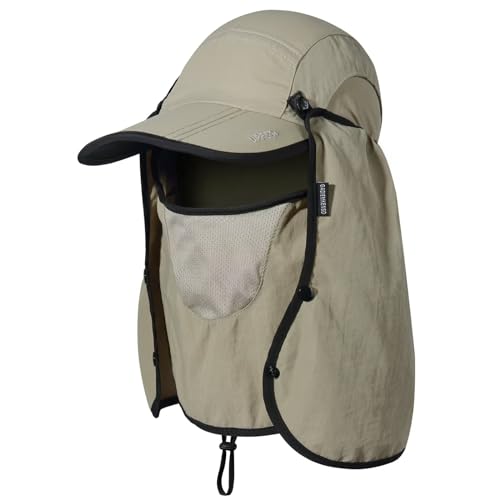 Gorra de Sol de Pesca Plegable con Solapa para el Cuello y Cubierta Facial Protección Solar Gorra de Béisbol Fresca Ajustable Cubierta Removible Sombrero para Pesca Jardinería Senderismo Caqui