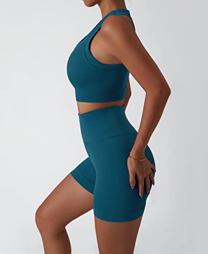 Image of Workout Sets for Women 2 Piece Seamless Ribbed Tank Top Sport Bra High Waist Biker Shorts GYM Yoga Exercise Outfits