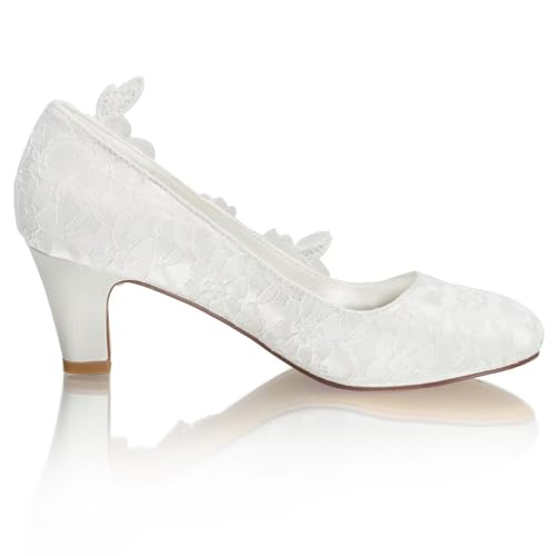Emily Bridal 1505-1-8 Women's Wedding Shoes Closed Toe 2.56 Inches Chunky Heel Lace Satin Pumps with Rhinestone Lace Flower Bridal Shoes3