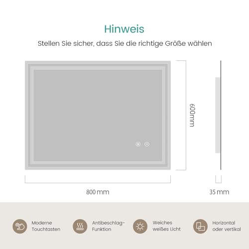 EMKE Badspiegel mit Beleuchtung 80x60 cm, 6500 K Kaltweiß, Antibeschlag – Ansicht 5