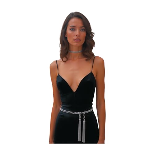 Women Dress Up Fashion Belt Hip High Waist Silver Metal Chain Fringes Buckle Tassel Charm Size XS S M3
