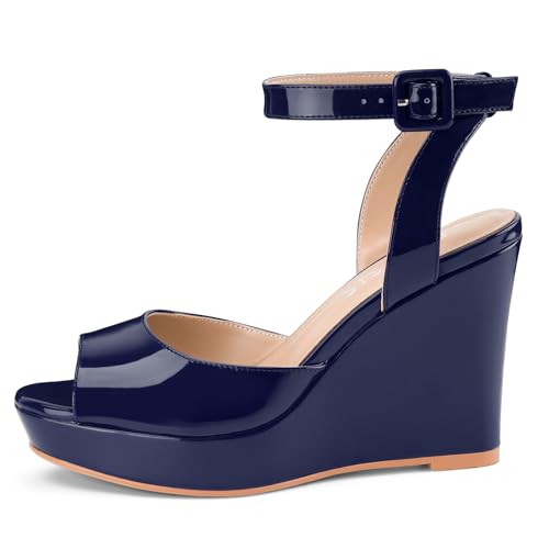 Image of Women's Dressy Platform Wedge Sandals Gold Wedges Peep Toe Patent High Heels Slingback Heeled Comfortable Ankle Strap Shoes