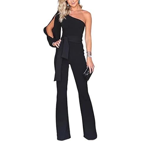 Women Off Shoulder Jumpsuit Short Sleeve Elegant Wide Leg Long Pants Casual High Waist Playsuit Romper Party Club Siamese Trousers (B-Black , S ) Cover