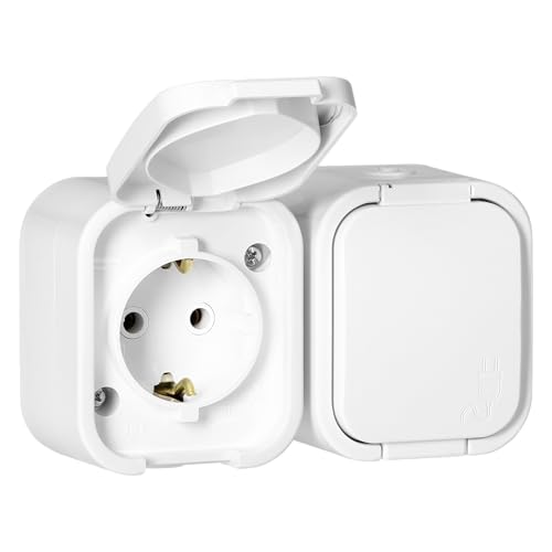 Enchufe Doble Pared 2x2P+T Schuko Enchufe Superficie IP54 Resistente a Salpicaduras con Tapa - Ideal para Garajes Talleres Sótanos o Exteriores (Blanco)