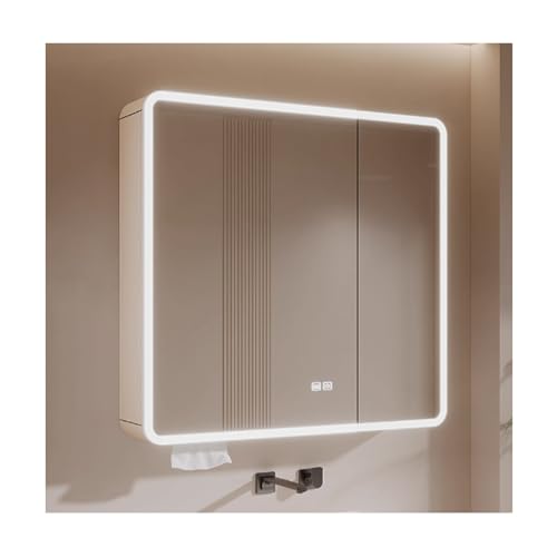 Moderno armario de pared con espejo de baño con estante de almacenamiento y soporte para secador de pelo, 70 cm con espejo para una elegante nización de baño (acabado café)