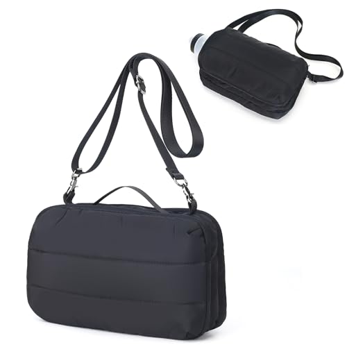 Herald Small Puffer Crossbody Bag with Water Bottle Holder, Shoulder Purse Handbag for Women Men for Walking, Hiking