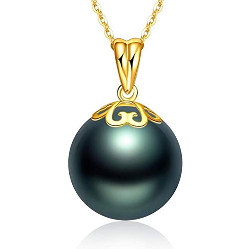 Preisvergleich Produktbild Fashion Jewelry@ Tahiti Perle Perlenkette Rund Schwarz Perle Meerwasser Zuchtperlen Anhänger Halskette in 18 K Gelbgold(12-13 mm Pearl) 45cm 925 Sterling Silber Kette für Damen Mädchen