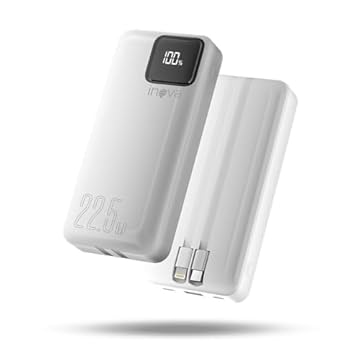 Power Bank com cabo integrado, Carregador Portátil de 20000mAh com Carga Rápida, Múltiplas Portas, Design Leve e Proteção Inteligente para Dispositivos iOS e Android/USB/Type-C/Branco(MD-12412)