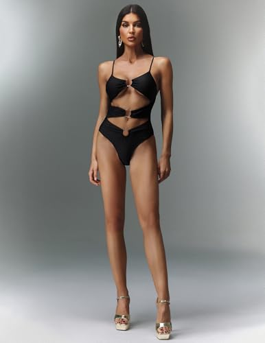 BELLA BARNETT Black Spaghetti Strap Hollow Out One Piece Swimsuit Women Chic High Waisted Women's Swimwear2