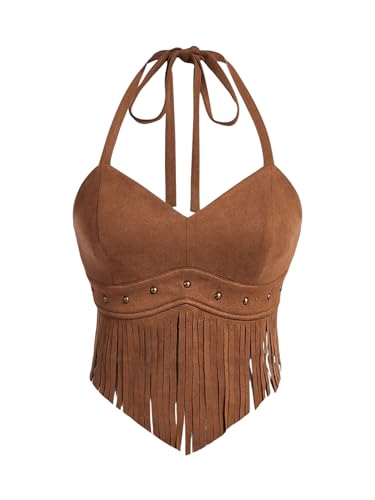 OYOANGLE Women's Plus Size Fringe Halter Top V Neck Beaded Cowgirl Western Suede Crop Top