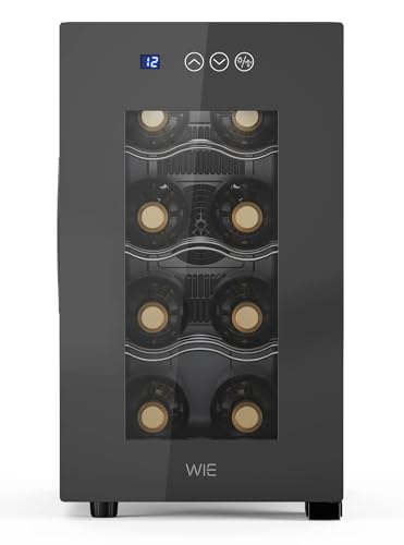 WIE Cantinetta Vino 8 Bottiglie, Raffreddamento Termoelettrico, Cantinetta Vino Refrigerata con Controllo touchscreen, Porta in Vetro a Specchio, Ripiani Regolabili, Luce LED, Muto, 5-18℃