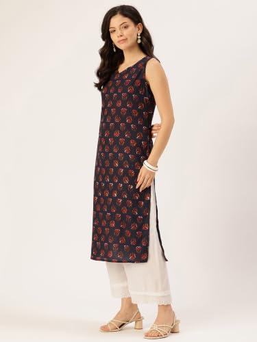 Image of feranoid Women's Pure Cotton Floral Print Straight Kurti | Elegant Curved V-Neck | Sleeveless Calf-Length Ethnic Wear | Comfortable Regular Fit | Sizes XS-XXL