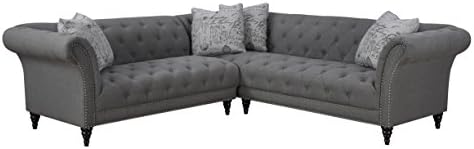 Emerald Home Antoinette Gray Sectional, with Pillows, Diamond Button Tufting, Nailhead Trim, And Rounded Arms