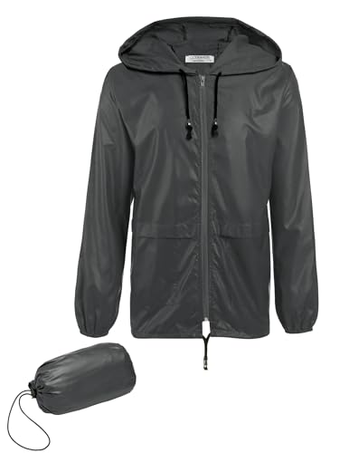 COOFANDY Giacca impermeabile da uomo impermeabile leggera pioggia con cappuccio impermeabile pieghevole impermeabile per viaggi escursionismo bicicletta, grigio scuro, XXL