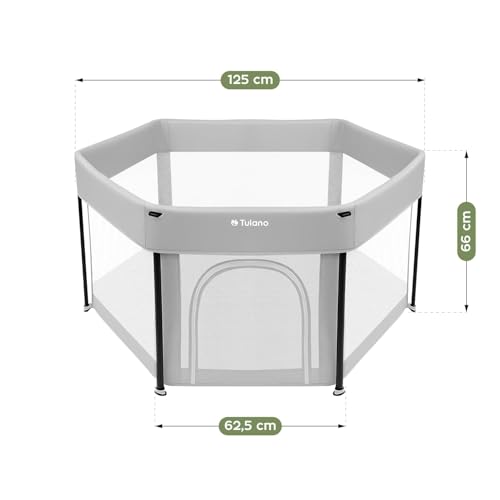 Tulano Cozy 30 Reise-Laufstall Baby faltbar 125x66 cm – Kompakter Kinderlaufstall mit Boden – Netzseiten – Reißverschluss-Tür – rutschfeste Füße – Tragetasche – Indoor & Outdoor – 6–36 Monate - Grau