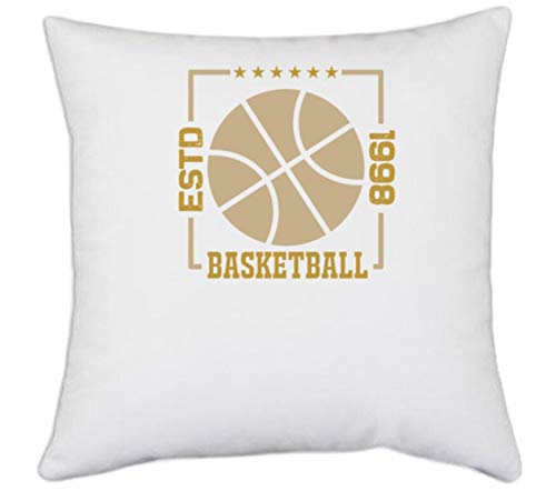 White Polyester 'Basketball | Estd 1998' Pillow Cover [16 Inch X 16 Inch]