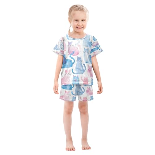 Blue Pink Cat Kids Pjs Set Boys Girls Summer Short-Sleeve Sleepwear Pajamas 2PCS3