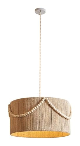 ZMHGE Pendant Lights, Hand-Woven Wicker Drum Chandelier - Boho Rattan Pendant Lights Compatible with Bedroom Farmhouse Hemp Rope Cage Basket Ceiling Hanging Lamp with Wood Bead Compatible with Kitch
