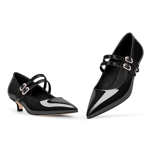 Women's Pointed Toe Kitten Heel Mary Jane Pumps Double Buckle Strap Dress Shoes4