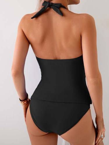 Image of Eomenie Womens Halter Tankini Bathing Suit Ruched Tummy Control Two Piece Swimsuit with Bottom