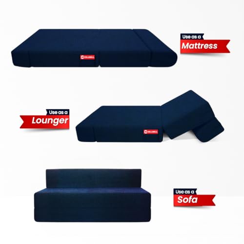 Image of CELLBELL Comfy Sofa Cum Bed 5x6.5 Feet | Foldable Dual Use Couch Bed with Soft Cushions, Washable Fabric Cover & Sturdy Frame | Space Saving Modern Design for Living Room, Bedroom Use (Navy Blue)