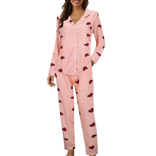 2025 Pijama Mujer Pijama Traje de Casa Verano Solapa y Botones de Manga Larga Mono con Solapa Po, Rosa claro., L