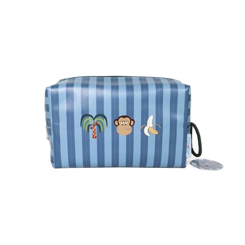 PONETTE - Neceser Vuelta al Cole Infantil de Tejido Rayado en Colores Azules, Asa con Cordón, Palmera, Mono, Plátano, Niño, Niña, Juvenil, Marca Española