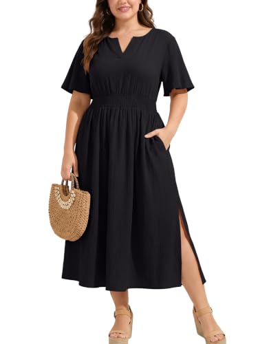 OLRIK Plus Size Summer Dress Short Sleeve Maxi Dress with Pocket, Black-3X