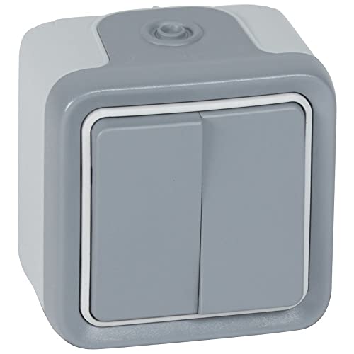 Legrand 069715 Double Interrupteur ou va-et-vient Étanche, Plexo Complet Saillie, 10AX, 250V, Gris