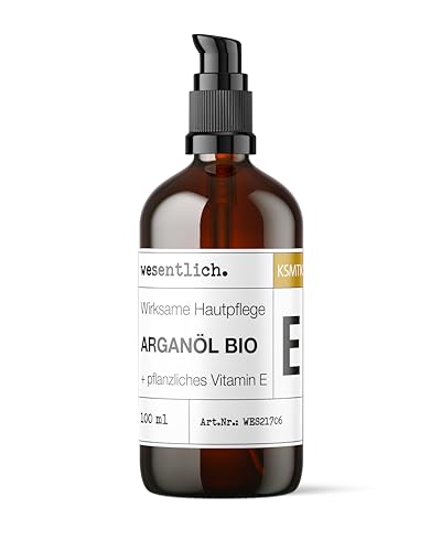 wesentlich. Arganöl BIO mit Vitamin E angereichert 100ml | naturrein & kaltgepresst | Kosmetik für Gesicht, Haut, Haare & Anti-Aging | Glasflasche mit Pumpspender
