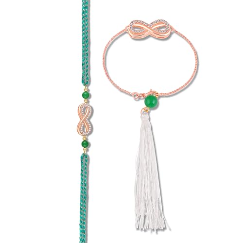 Image of Mahi Elegant Rose Gold Infinity Couple Rakhi Set with Green Beads and White Tassel (RCOL1106003Z)