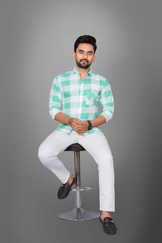 Image of Voroxy Men's Casual Checks Shirt with Pockets Cotton Blend Stylish Branded Checkered Pattern Formal Shirt & Regular Fit Full Sleeves and Spread Collar Style