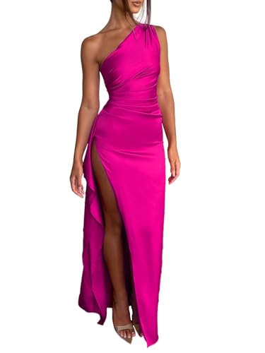 Image of Women's Sexy One Shoulder Lrregular Dress Split Cocktail Party Maxi Dresses Satin Dress for Women