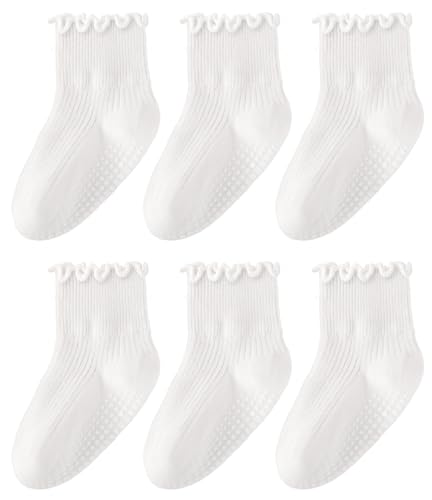 HONGTEYA 6 Pairs Toddler Ruffle Socks for Girls Non Slip Baby Socks with Grips for 1-2 Years 3-4 Years 5-6 Years Girls Boys