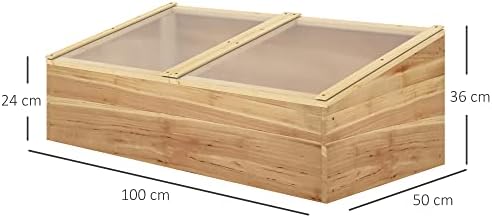 Outsunny Wooden Cold Frame Greenhouse Garden Polycarbonate Grow House with Independent Openable Top Covers for Flowers, Vegetables, Plants, 100 x 50 x 36 cm, Natural