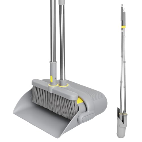Image of Upgrade Broom and Dustpan Set 180 Rotatable Head with 61 inch Extra Long Adjustable Handle Self-Cleaning Dustpan Teeth&Zero Gap Indoor Outdoor Sweeping for Home Kitchen Office Pet Hair-Gray&Yellow