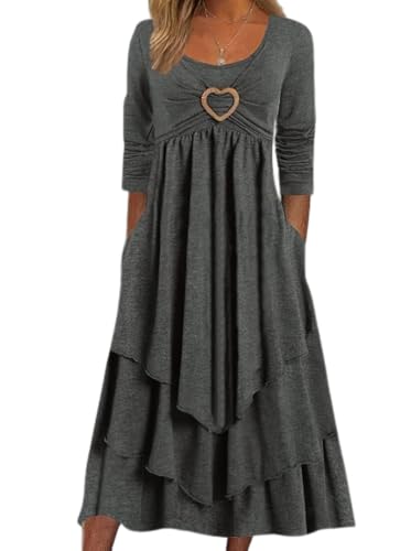 LOAIHA Women 2025 Fashion Crewneck Dresses Long Sleeve Swing Ruffle Irregular Hem A Line Flowy Pleated Maxi Dress