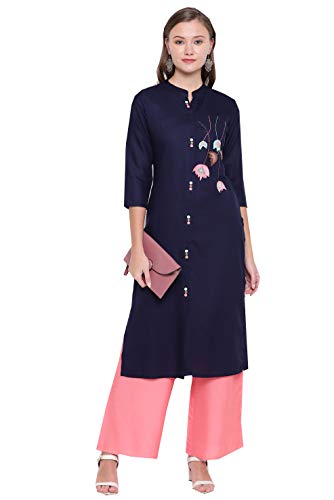 ziya Indian Tunic Rayon Embroidered Women Dress Party-wear Kurti for Women 563 (Medium) Navy Blue
