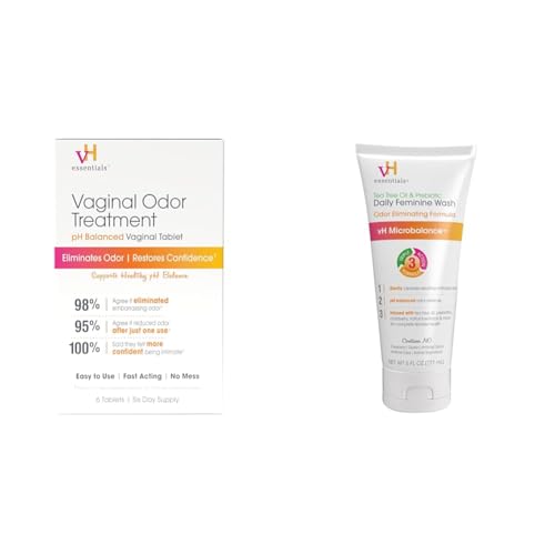vH essentials Vaginal Odor Treatment Tablets & Tea Tree Oil Feminine Wash Bundle - 6 Vaginal Suppositories (667-06) & 6 Fl Oz Daily Intimate Cleanser (54306)