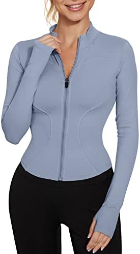 IECCP Sportjacke Damen Langarm Crop Top Yoga Fitness mit Reißverschluss | Figurbetonte Crop-Sportjacke, Yoga und Laufen, Durchgehender Reißverschluss, Daumenlöcher, Leichtes Stretc
